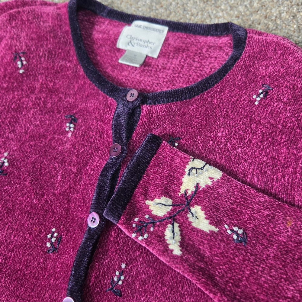 Christopher & Banks Magenta Hand Embroidered‎ Chenille Cardigan Sweater Womens M